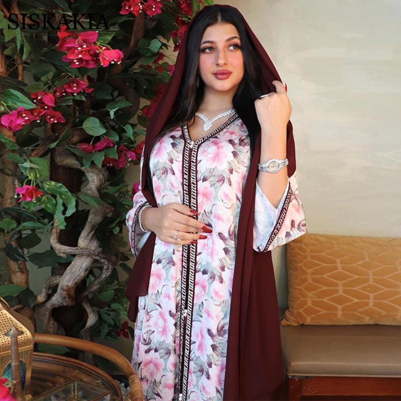 

Casual Dresses Middle Eastern Muslim Women Clothing Oman Arabic Floral Abaya Ramadan Eid Jalabiya Dubai Turkey Moroccan Kaftan Hijab Dress, Brown pink dress