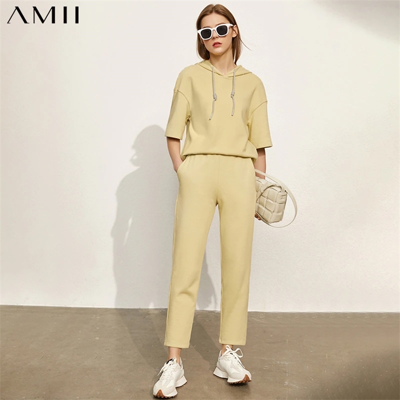 

Amii Minimalism Summer Hoodies For Women Sport Causal 100%Cotton Hooded Women's Hoodies Elastic Waist Women's Pants 12130278 210709, Yellow tops