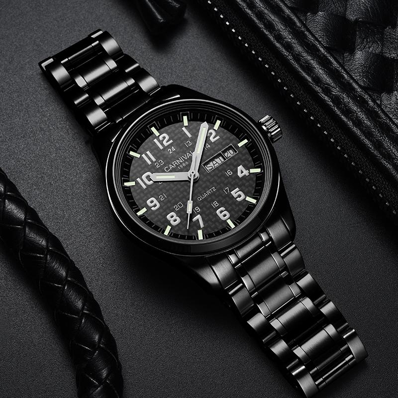 

Mens Watch CARNIVAL Japan Movement Quartz Wristwatch Day Date Luminous Full Black Military Watches For Men Wristwatches