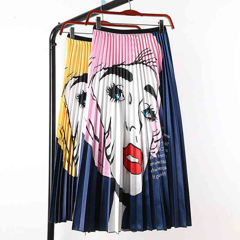 

Skirts Spring Cartoon Printed Pleated Skirt Summer Fashion Sexy Lady Face Portrait Print A-line Long 73N0, Yellow
