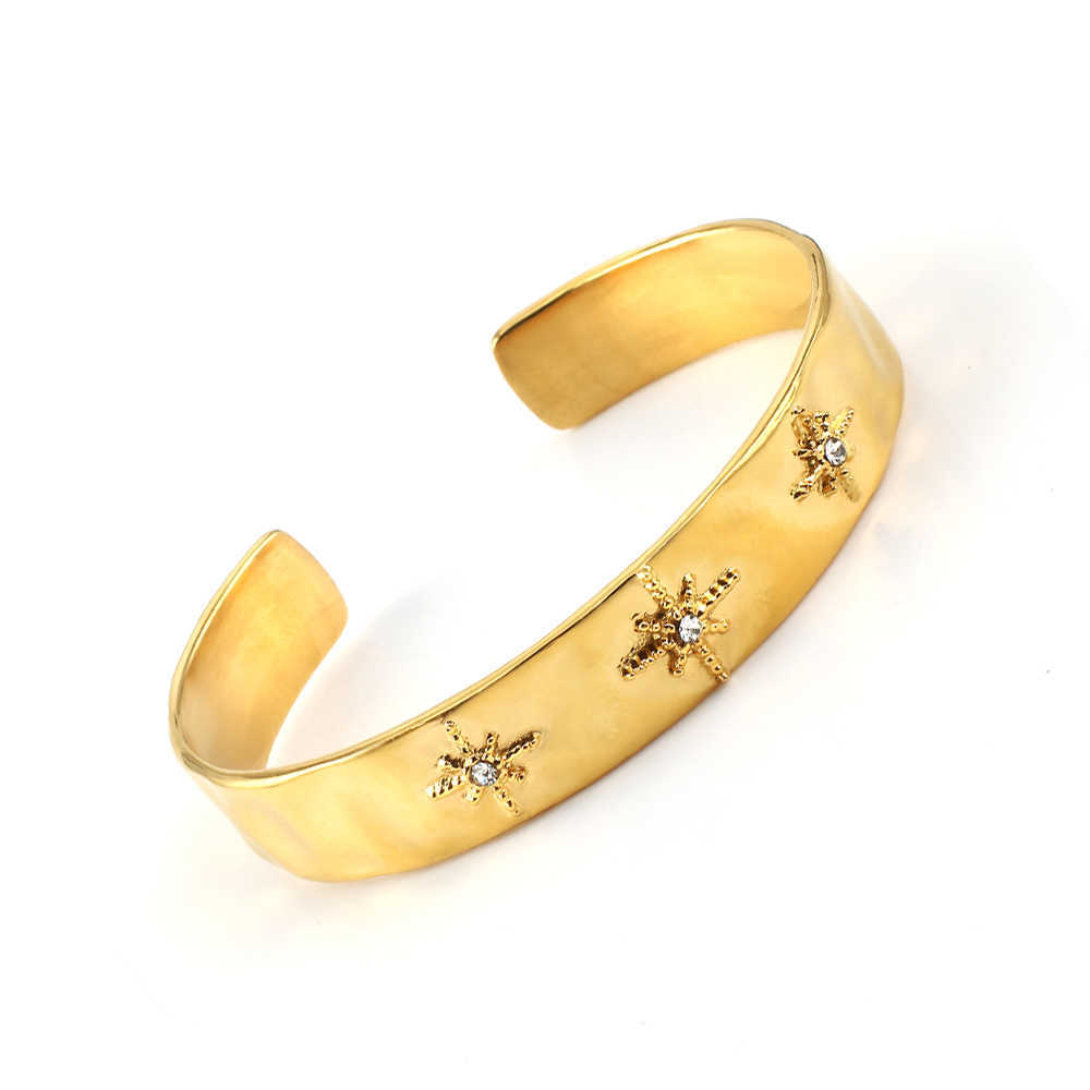 

New Fashion Adjustable Crystal Charm Bracelets for Women Simple Gold Colour Width 12mm Jewelry Stainless Steel Opening Bracelet Q0717