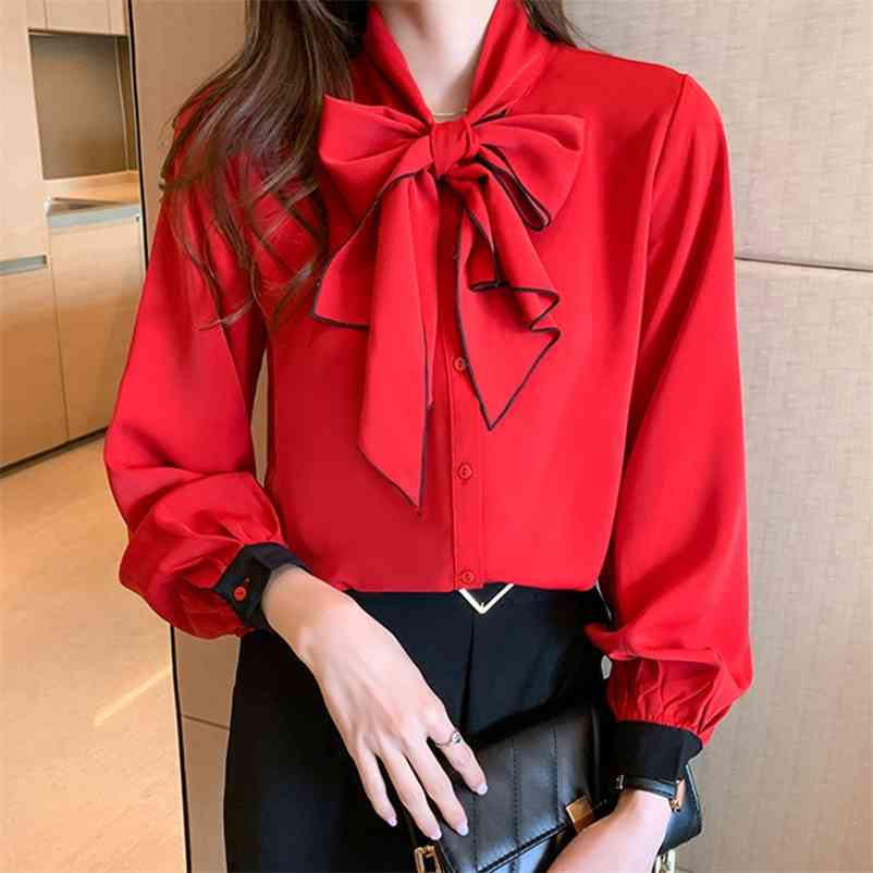 

Bow stitching chiffon blouse korean spring OL shirt elegant casual clothing long sleeve women tops 210517, Red