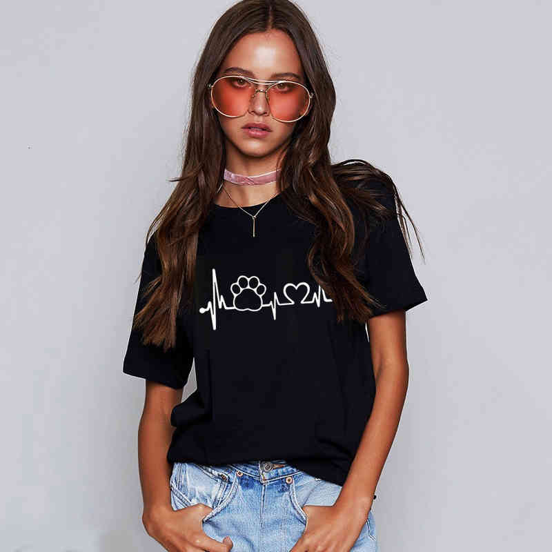 

Women' T-Shirt Paw Heartbeat Lifeline Cat Print Halajuku Casual Fun 3 Color women Top summer to, White