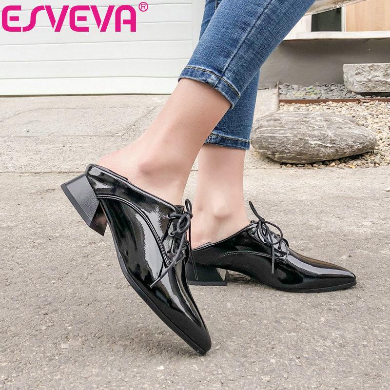 

Dress Shoes ESVEVA 2021 Women Pumps Square Heels Shallow PU Leather Elegant Ladies Med Size 34-43 Pointed Toe, Black