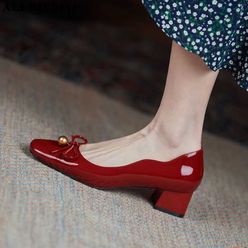 

ALLBITEFO thick heels genuine leather square toe bowtie women high heels shoes party women shoes high heel shoes size:33-42 210611, As picture