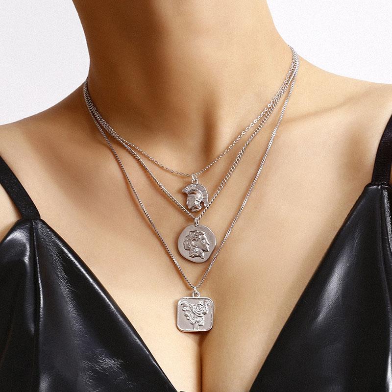 Pendant Necklaces Punk Vintage Multilayer Embossed Flower Figure Necklace Women Exaggerated Geometric Clavicle Jewelry XR2826-image-704093142