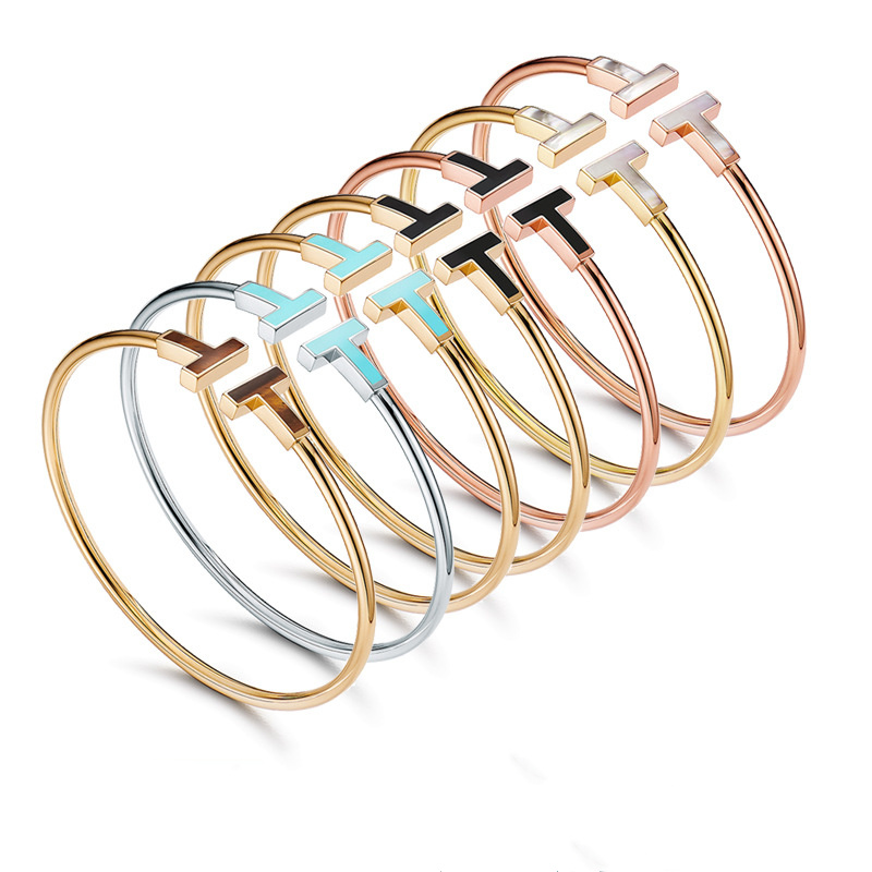 

TIFF Double T Cuff Bracelet Natural Stone Enamel Irreplaceable Luxury Simple Jewelry