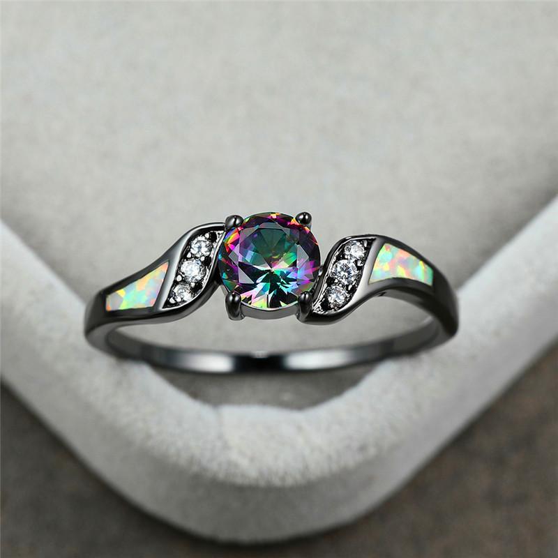 Wedding Rings Charm Female Small Rainbow Round Crystal Ring White Fire Opal Engagement Promise Vintage Black Gold For Women-image-705828729
