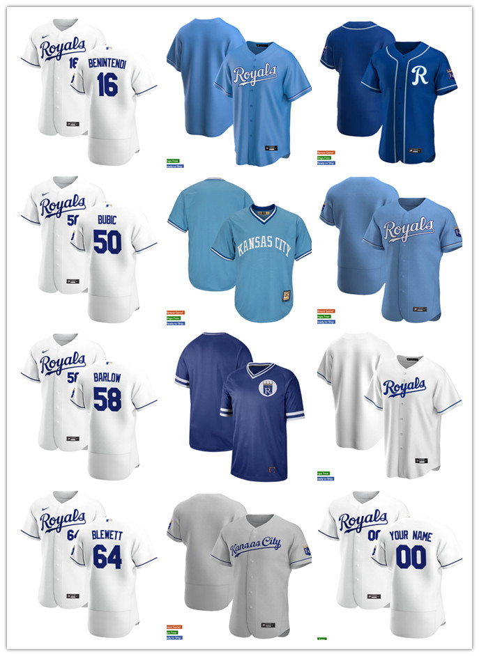 

Men Women Youth Kansas City Royals 58 Scott Barlow 64 Scott Blewett 16 Andrew Benintendi 50 Kris Bubic Custom Baseball Jerse, Blue;black