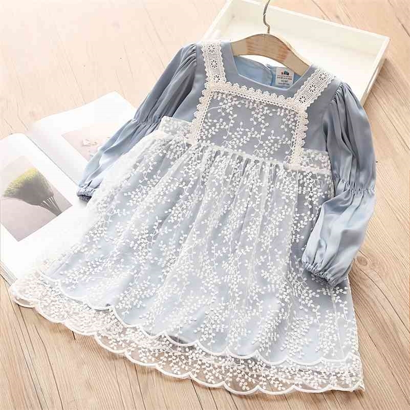 

Spring Autumn 2 3 4 6 8 10 Years Children's Lace Dress+Lace Vest Long Sleeve Two Piece Sets Dress For Kids Baby Girl 210701, Blue