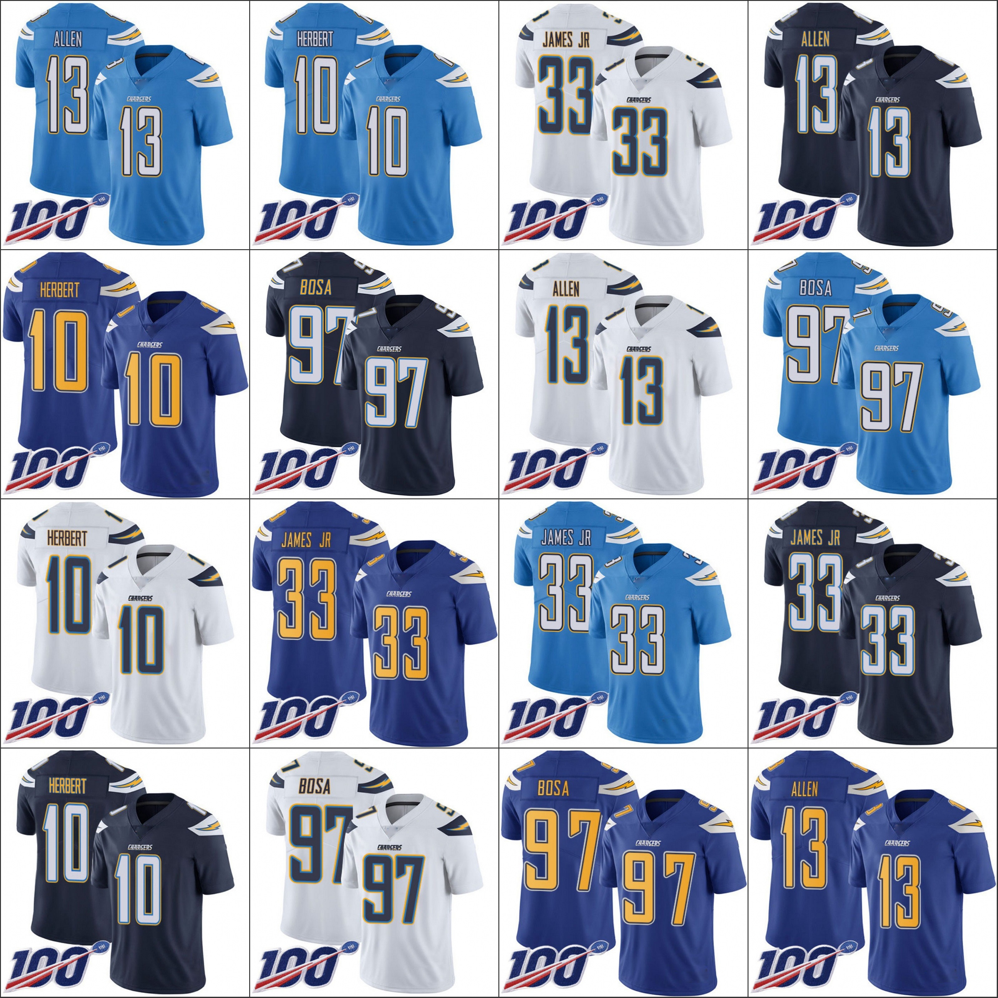 

Los AngelesChargersMen #10 Justin Herbert 13 Keenan Allen 33 Derwin James Jr 97 Joey Bosa Women Youth 100th Limited Jersey
