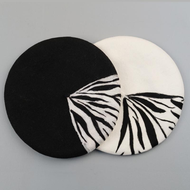 

Berets Autumn And Winter Hat Beret Original DIY In Subparagraph Baize Of Black White Zebra Girls Ins Joker
