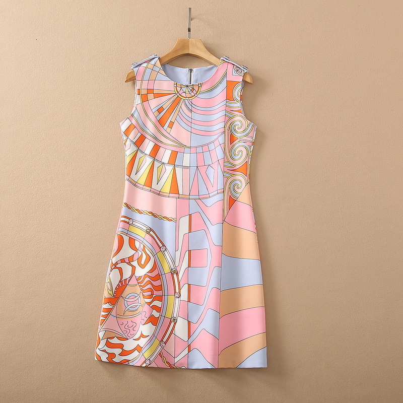 

Casual Dresses European and American women' wear for spring Geometric sleeveless bead print Fashion Pink Dress KRP1
