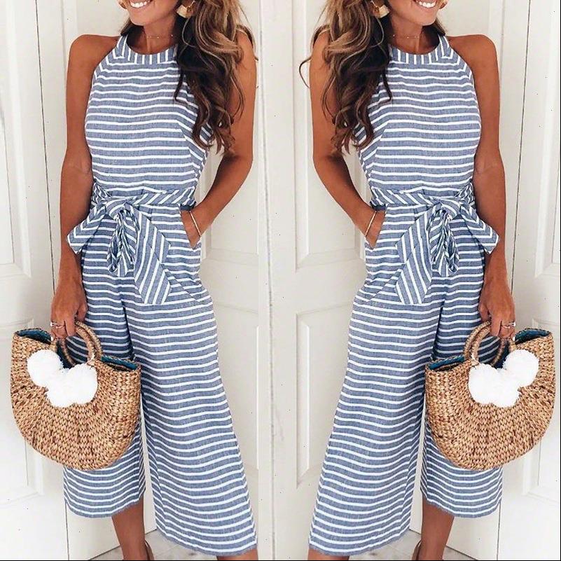 

fashion women jumpsuit summer overalls strip o neck sleeveless long rompers elegant belt bow loose party jumsuit, Black;white