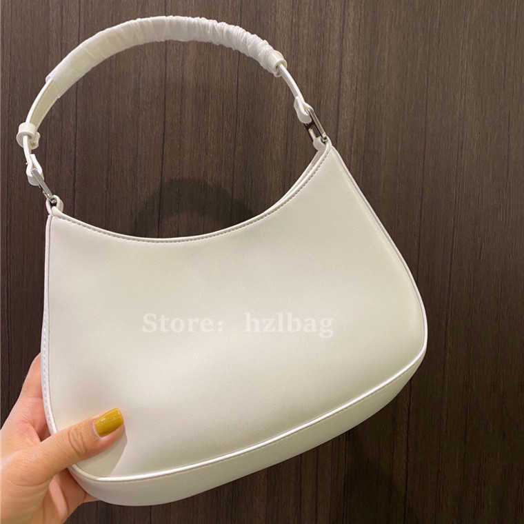 

Cleo Brushed Leather Shoulder Bag White Black With Enameled Metal Triangle Nylon Lining Designer Handbags, Color 01