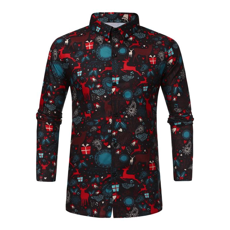

Men' Casual Shirts Men Winter Autumn Long Sleeve Christmas Deer Print Shirt Top Turn Down Collar Snowflakes Reindeer Xmas, Black