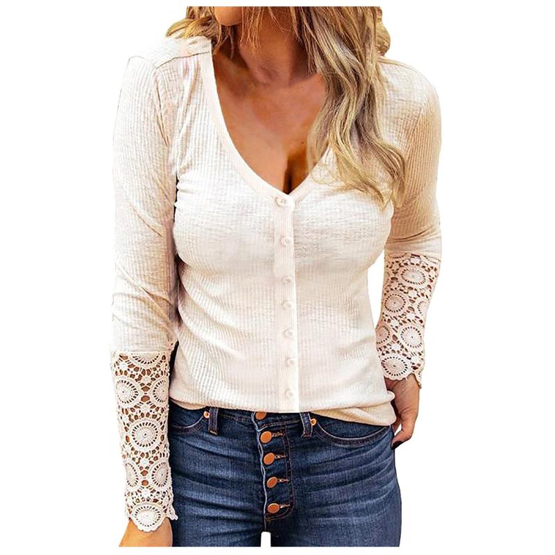 

Women's Blouses & Shirts Autumn Winter Lace Blouse V-neck Long Sleeve Solid Stitching Button Pullover Slim Tops Ladies Sexy, White