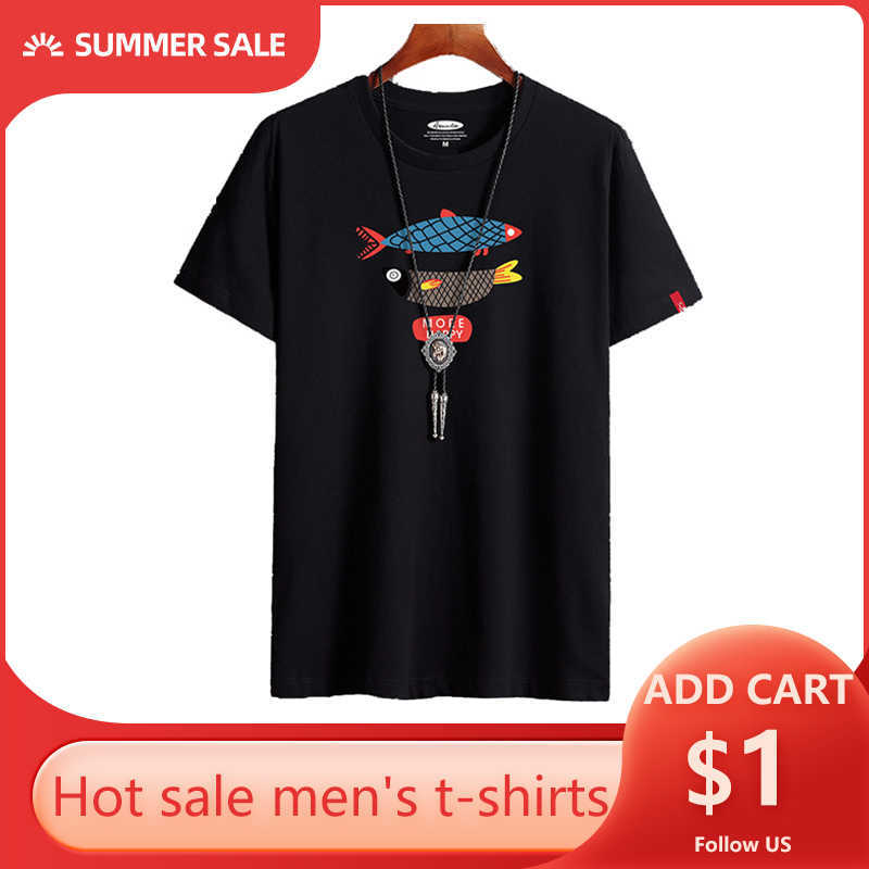 

RUELK Summer T-shirt Men' Street Hip-Hop Fashion Short-Sleeved Cartoon Fish Print Trend Casual 6XL 210629, White