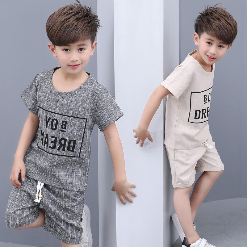 

Clothing Sets Children Suit Summer Cotton, Linen, Short Sleeved Big Kid Pure Cotton Lattice Two Piece. Beige Grey