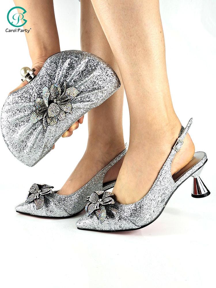 

Dress Shoes 2021 Arrival Italian Design African Fashion Sepcial Flower Style Decoration Party Women And Bag Set In SIlver Color, Black