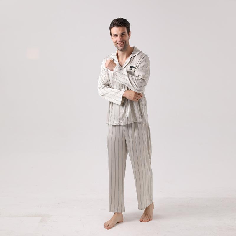 

Men's Sleepwear Spring And Summer Striped Pajamas Silk Ice Thin Section Lapel Long-sleeved Home Service Trousers Small Milk Dog Suit, Black;brown