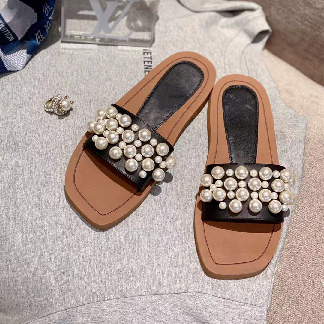 

Pearl Slides Women Genuine Leather Shoes Summer Beach Shoes Slippers Fashion Mules Hot Luxury Brand New Designer Shoes for Woman, Black