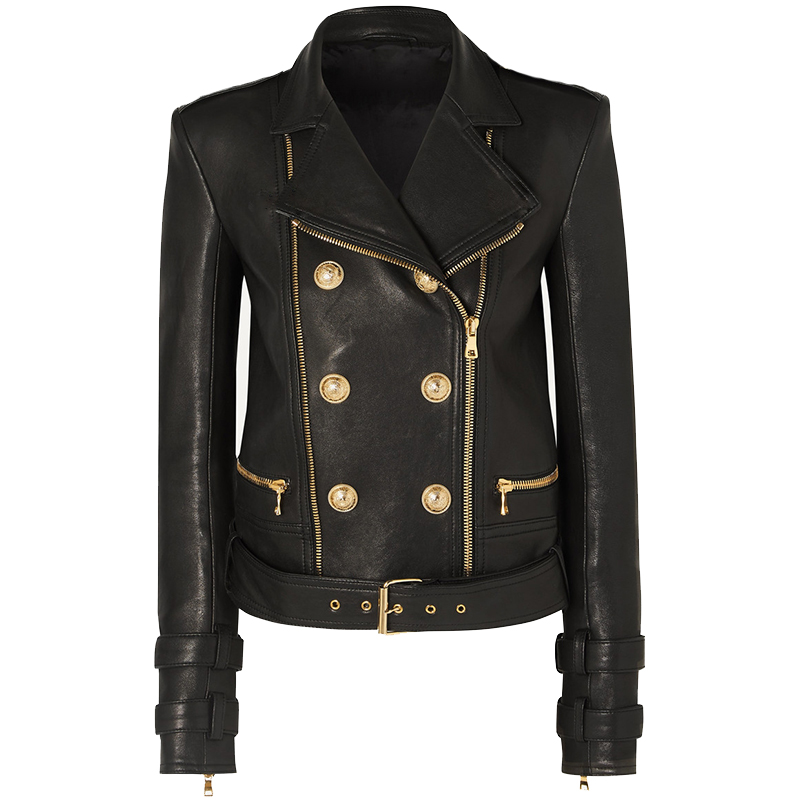 

HIGH QUALITY 2021 Newest Designer Jacket Womens Lion Buttons Faux Leather Jacket Motorcycle Biker Jacket, Black