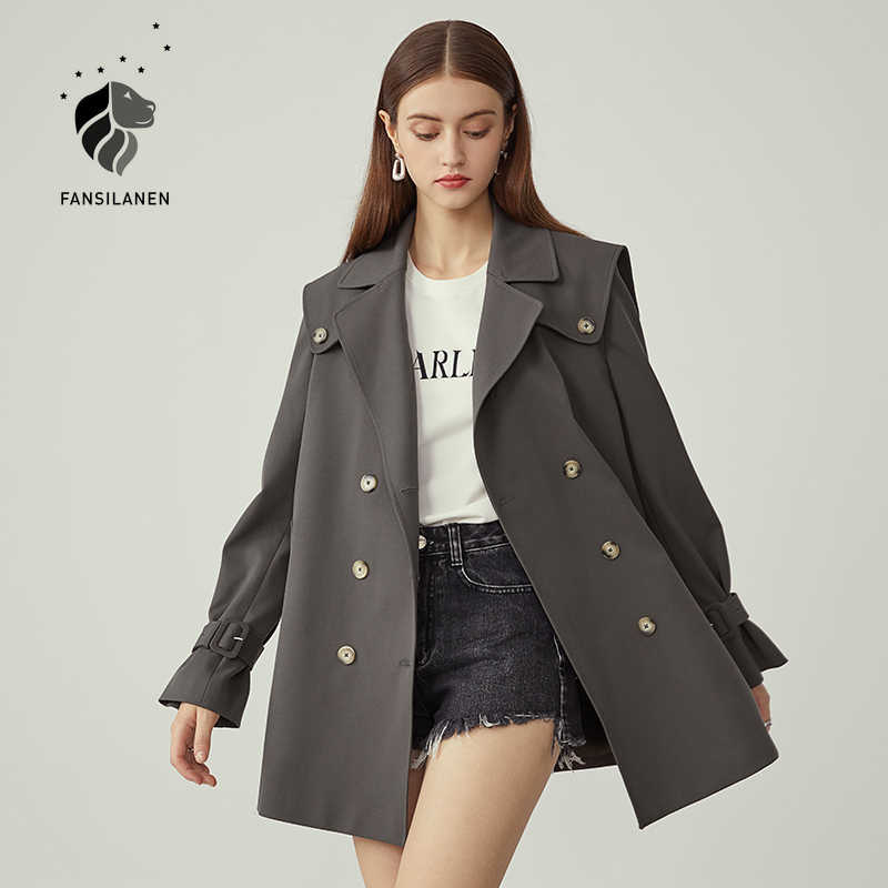 

FANSILANEN Casual bandage women's trench coat Autumn winter overside streetwear windbreaker Fashion gray jacket femme 210607, Green