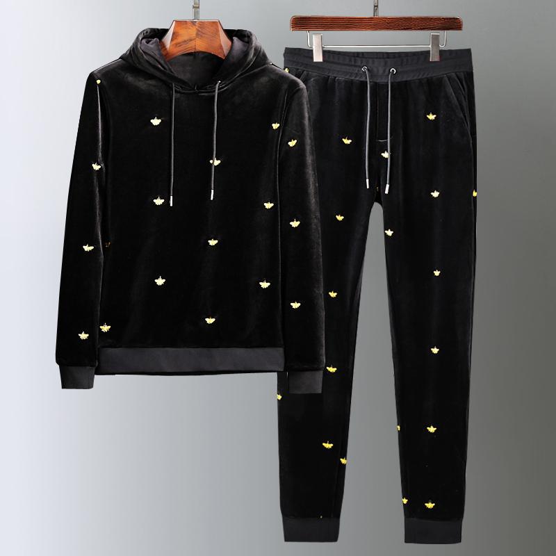 

Men's Tracksuits Sport Men Sets (hoodies+pants) Luxury Bee Embroidery Velvet Thick Hooded Sweatshirts Elastic Waist Man Pants 5XL, Black