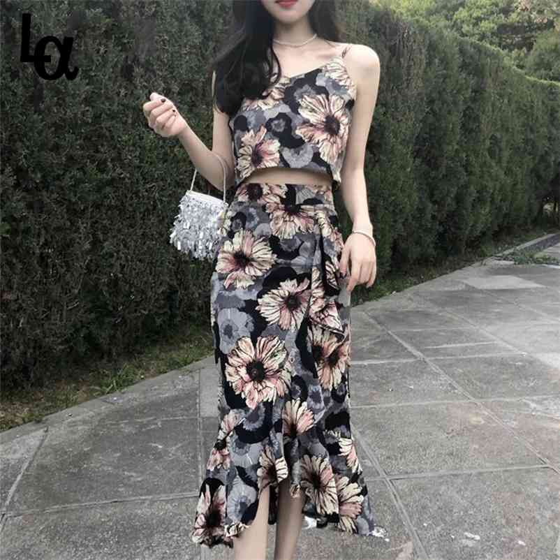 

Summer Women Floral Print Spaghetti Strap Tank +High Waist Mermaid Midi Skirts Sets Ruffles Holiday Vintage Suits 210519, Blue