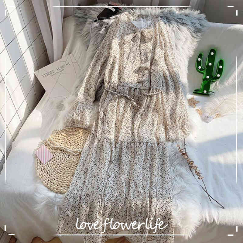 

Spring Sweet Bow Collar Floral Print Chiffon Dress Women Elegant A Line Midi Dress Korean Fashion Long Sleeve Dress Vestido 210521, Beige