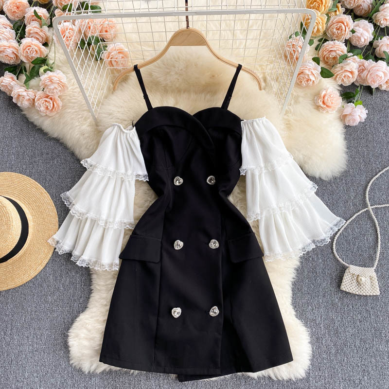

Sling dress women's summer design sense of ruffled flared sleeves contrast stitching retro double-breasted slim skirt 210525, Black