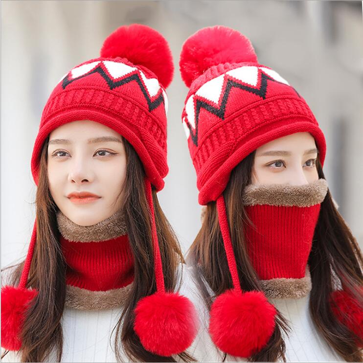 

Winter sweet and warm woolen knitted Hats & Scarves Sets GSZM018 fashion Thickened three-ball ear protection cute female hat suit cap