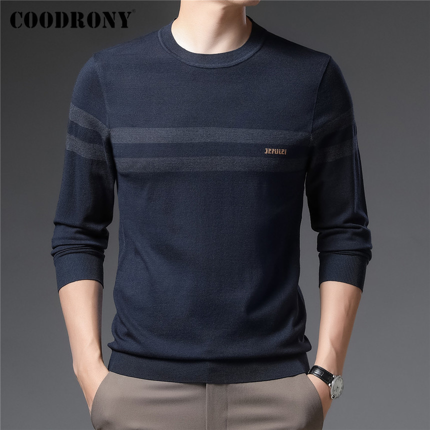 

Coolrony men's brand casual fashion stripe crew neck, autumn and winter knitted sweater, c1389, White;black