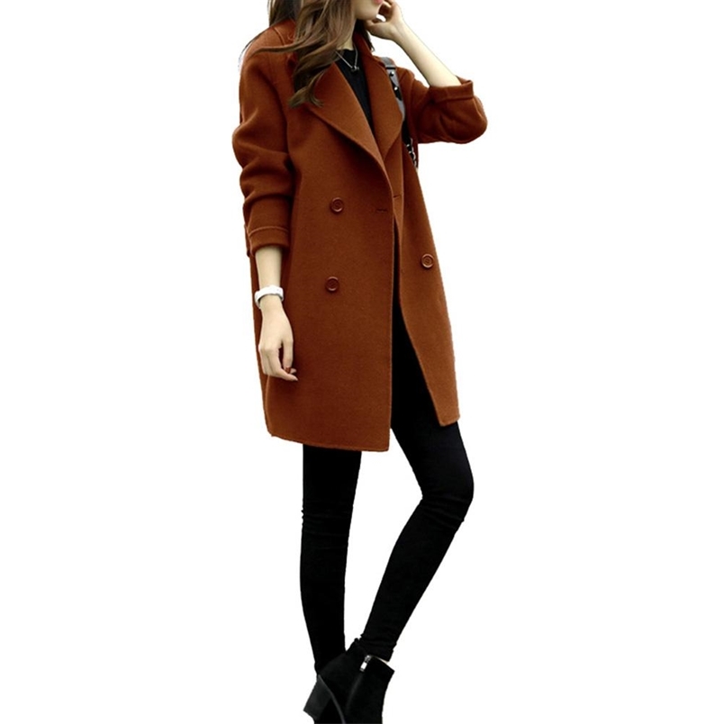 

Women Jacket Autumn Winter Solid Color Lapel Double-breasted Midi Coat Woolen Outwear Lady button-down jacket 210909, Army green