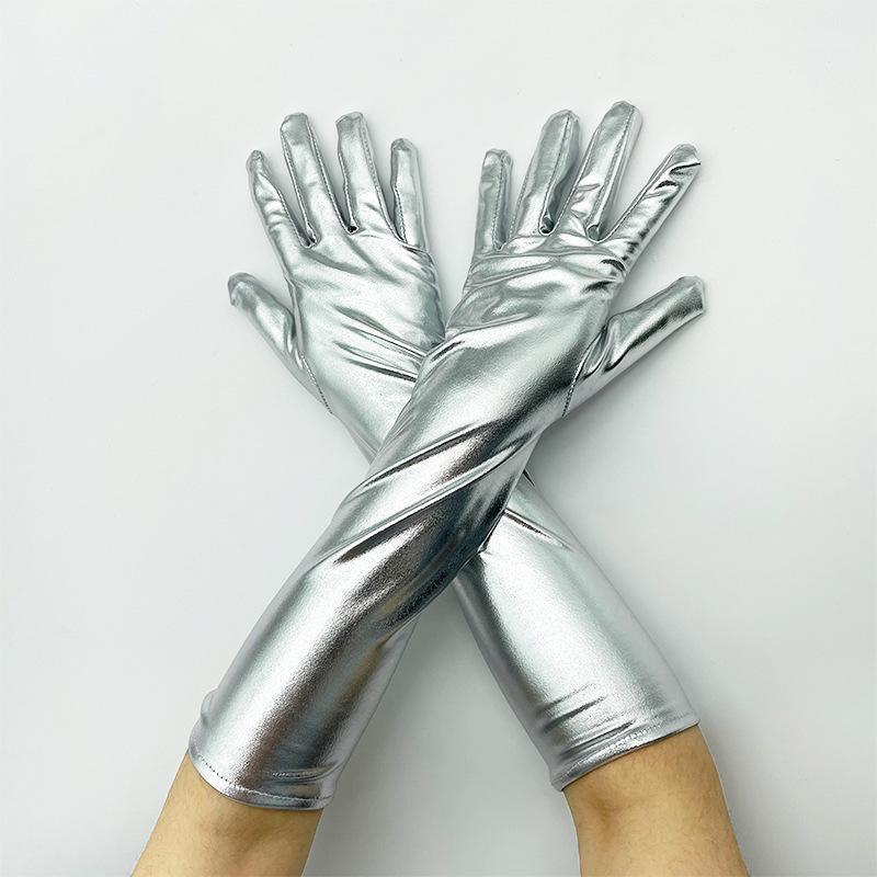 

Five Fingers Gloves Ladies Gold Silver Fake Leather Metallic Evening Party Performance Mittens Women Sexy Elbow Length Long Latex, Blue;gray
