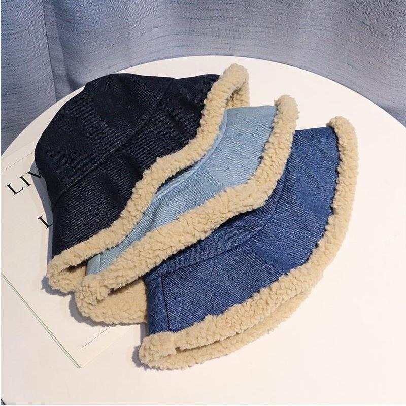 

Wide Brim Hats Winter Vintage Denim Bucket Hat Women Warm Thick Faux Fleece Lined Patchwork Female Casual Sunscreen Fisherman Cap, Black