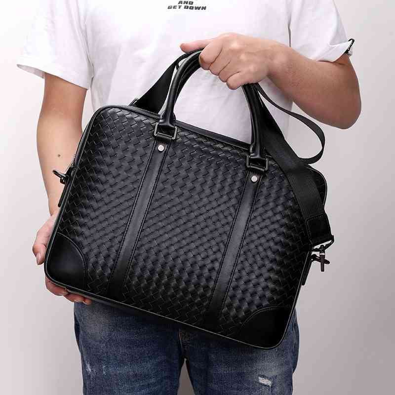 

Men's business fashion woven hand horizontal large capacity briefcase single shoulder diagonal cross male student computer bag, Black