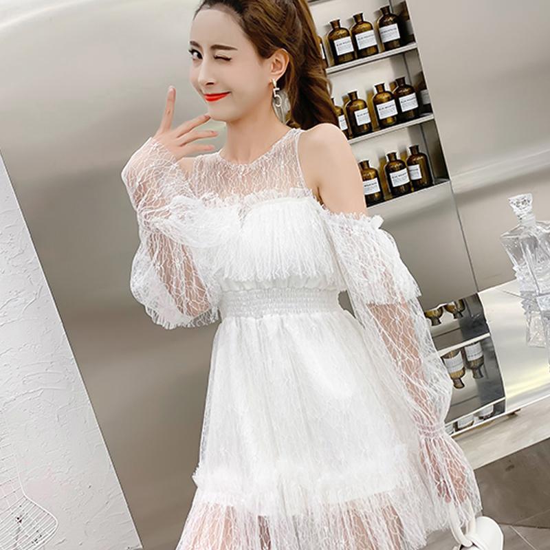 

Casual Dresses Lace Up Women' Clothing Fashion Brand Summer Korean Style Dress Ladies Long Sleeve Ruffles Off Shoulder Mesh Mini-dresses, White