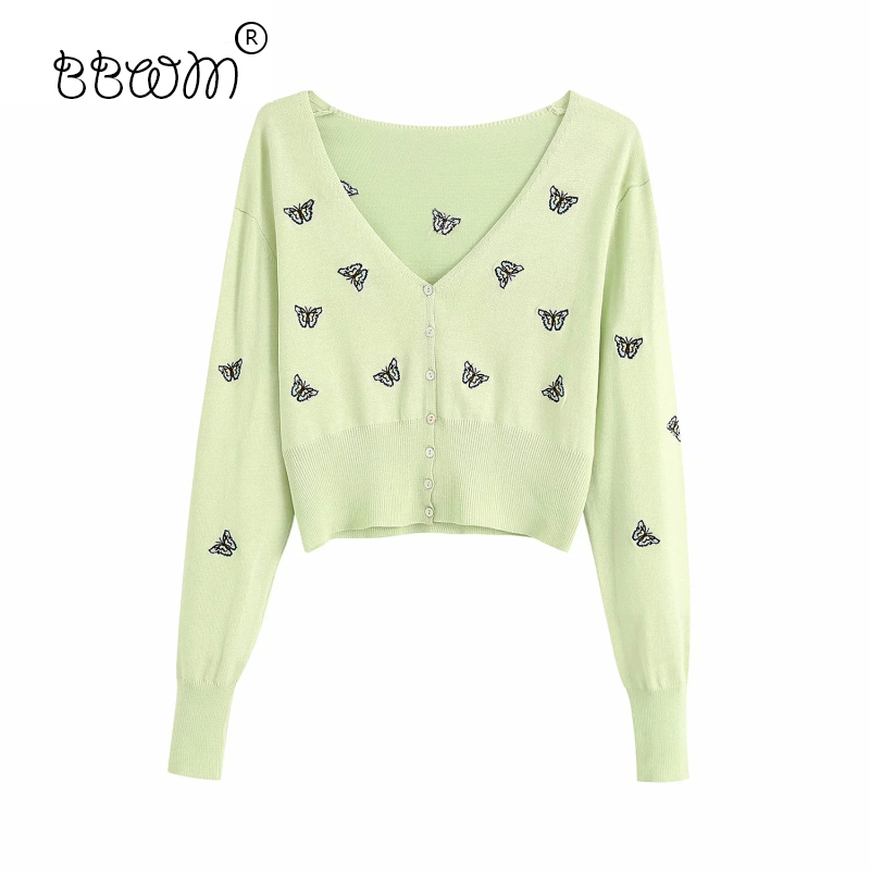 

Women Sweet Fashion Butterflies Embroidery Short Cardigans Vintage V-Neck Long Sleeve Single Breasted Sweaters Chic Jumpers 210520, As pic
