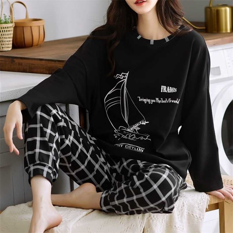 

Women's Home Clothes Cotton Suit Lounge Wear Long Sleeved Trousers Plaid Pants Ladies Pajamas Simple Style Pijamas 211109, Ra5556