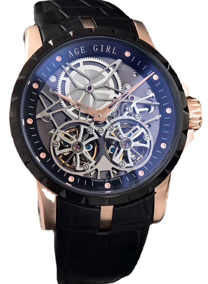 

Wristwatches Men's Automatic Mechanical Watch Rose Gold Black Brown Leather Two Tourbillion Skeleton Sapphire Crystal