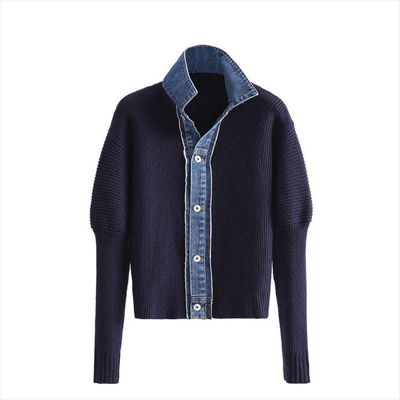 

[ewq] autumn women loose womens sweater single breasted versatile long sleeve patchwork denim knitted cardigan 8q739, White;black
