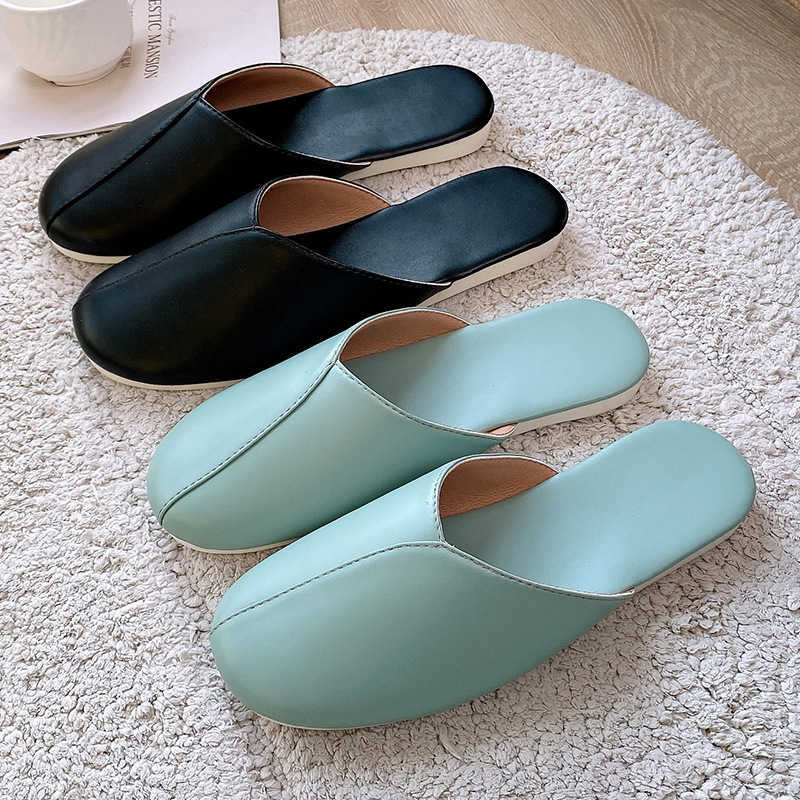 

2021 Women Indoor Slippers Soft PU Leather Waterproof Lovers Summer Autumn Shoes Close Toe Slides Female Male Home Floor Slipper H0827, Wine red