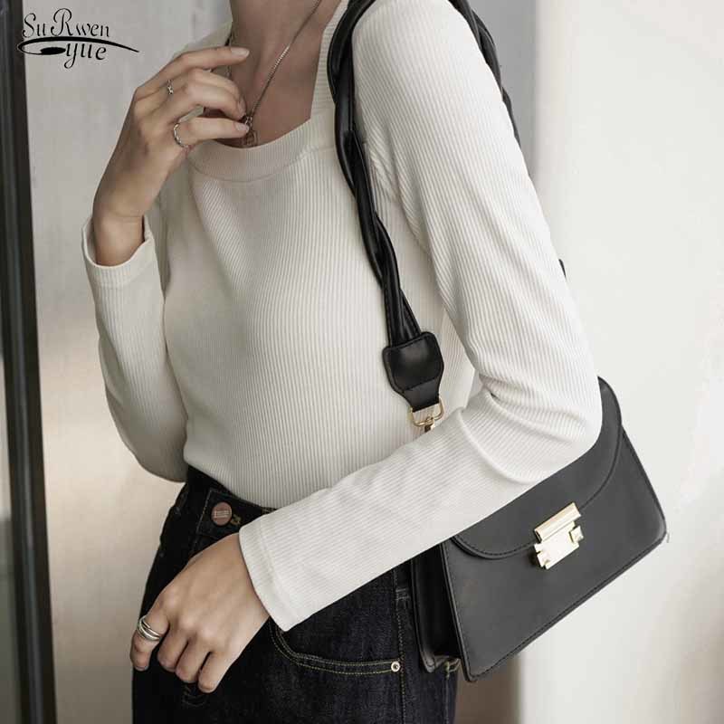 

French Retro Slim-Fit Square Collar Tops Long Sleeve Autumn Women Knitted Blouse Solid Pullover Sexy Shirts Blusas 11199 210518, Black