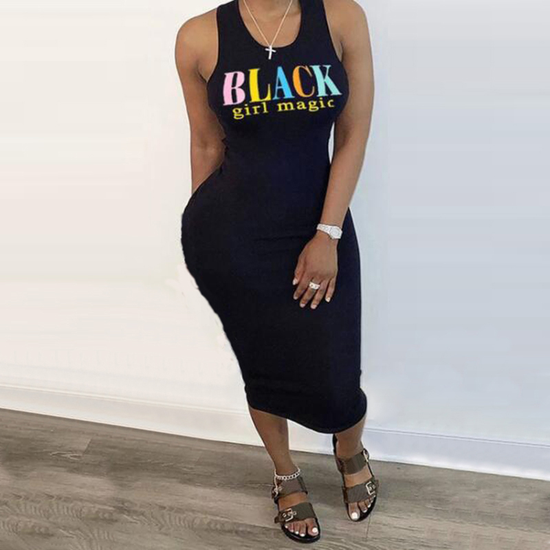 

New Summer Women Fashion S-5XL Plus Size Black-Girl-Magic Print Sleeveless O-Neck Slim Mid-Calf Dress Sexy Bodycon Maxi Dresses, Navy blue