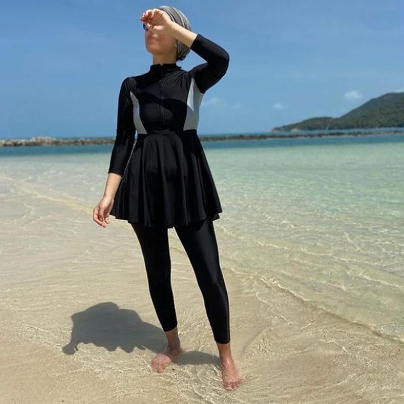 

Swim Wear 2021 Muslim Swimwear Women Modest Patchwork Hijab Long Sleeves Sport Swimsuit 3pcs Islamic Burkini Bathing Suit -2XL