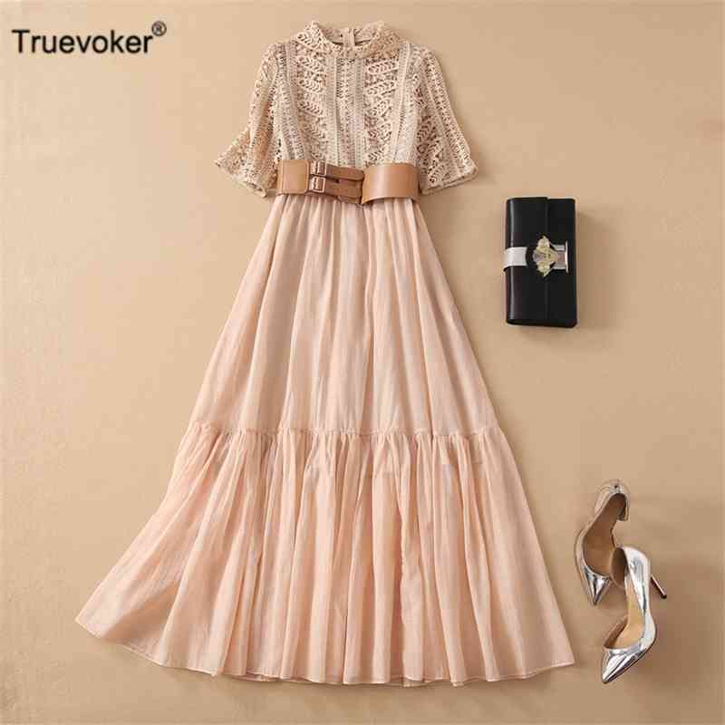 

Truevoker Women Runway High Street Dress Lady Khaki Embroidery Hollow Out Belt Maxi Long Mujer Wedding Party Robe 210602