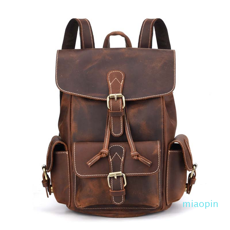 

Retro first layer cowhide bag European and American personality men's backpack Crazy Horse leather cool casual trave, Khaki