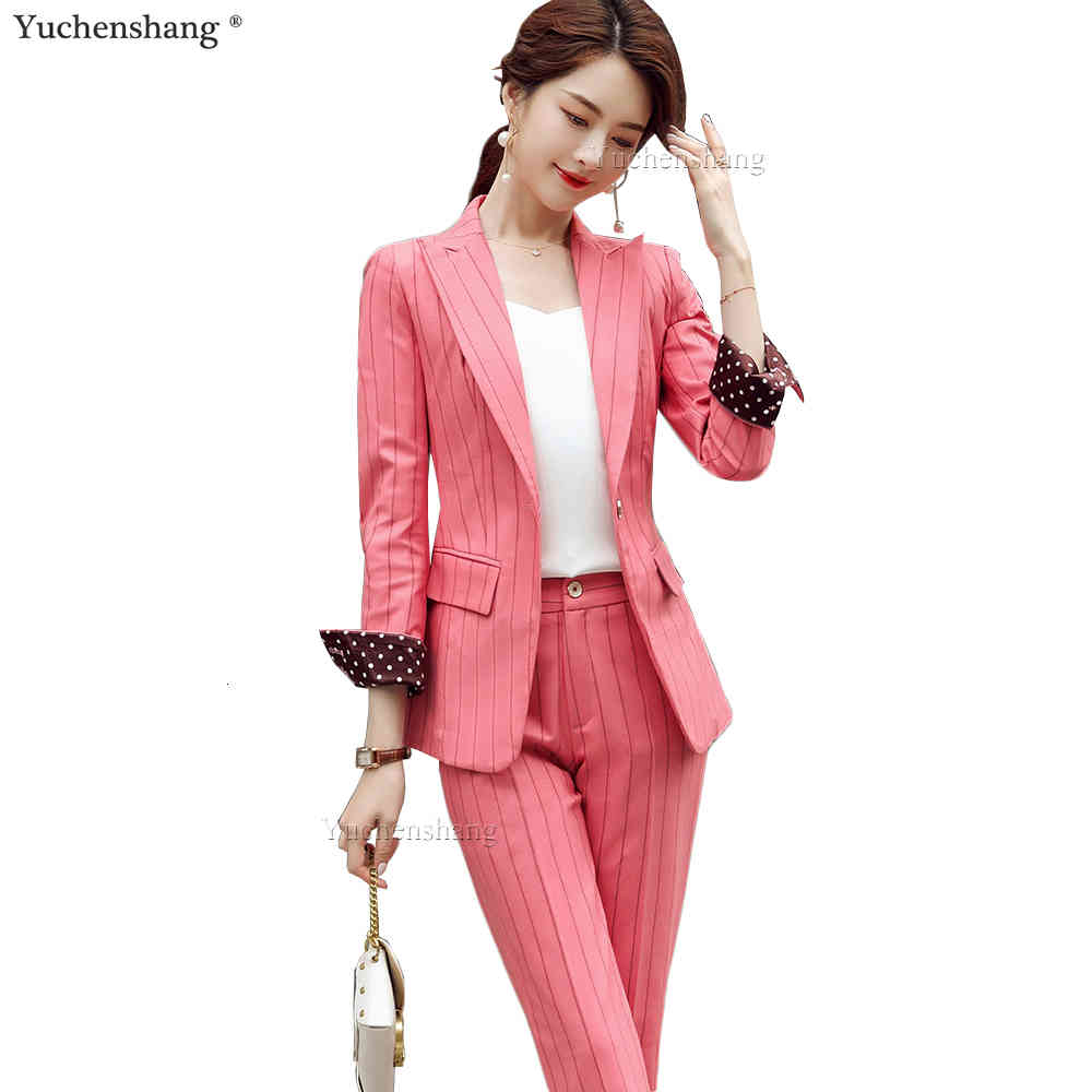 

Women's Suits & Blazers Women Pant Suit S-4XL Green Gray Pink Stripe Slim Work Wear Long Sleeve One Button Blazer Coat and Trousers OL 2 Pie, Gray 2 piece set